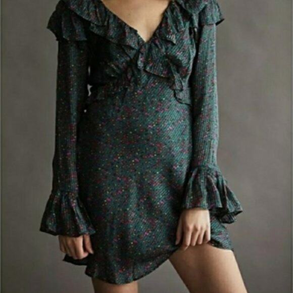 Free People Sweetest Thing Satin Long Sleeve Ruffle V Neck Mini Dress  Size 2 - Picture 1 of 7